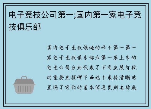 电子竞技公司第一;国内第一家电子竞技俱乐部